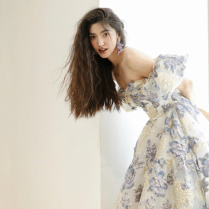 Floral Jacquard Off-Shoulder Evening Gown | Puff Sleeve A-Line Formal Dress